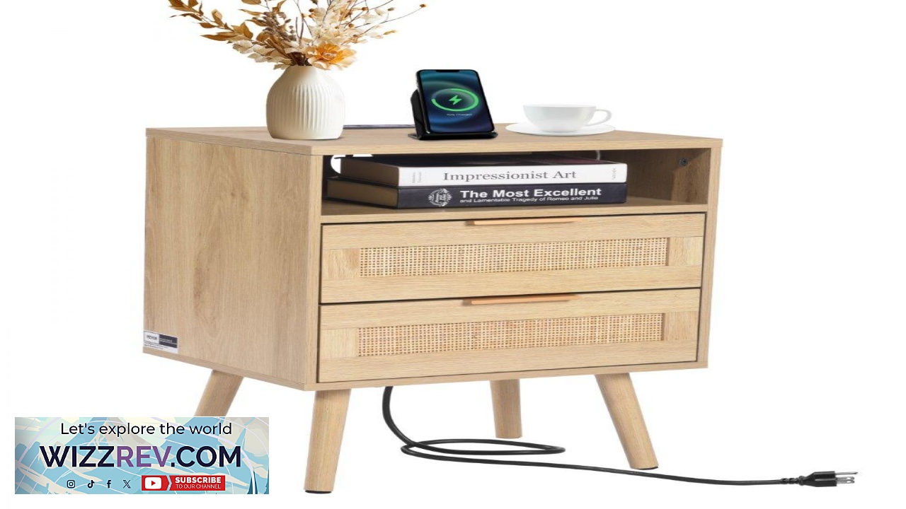 Thumbnail for VEVOR Nightstand with Rattan  2 Drawers 2 AC outlets