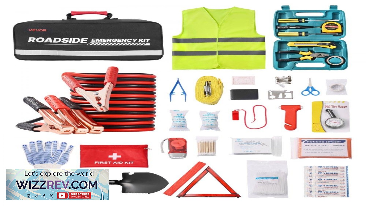 Thumbnail for VEVOR Roadside Emergency Kit for Car  31 Piece 12 ft Cable